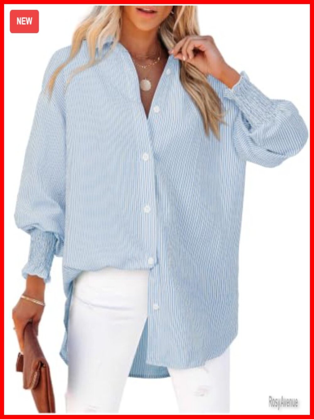 Striped Button Down Shirt Long Sleeve Smocked Cuffed Oversized Collared Work Top